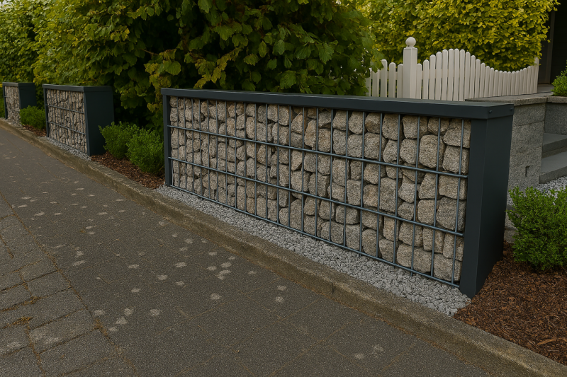 Einzelne Gabionenelemente im Vorgarten, befüllt mit Restbeständen an Pflastersteinen.