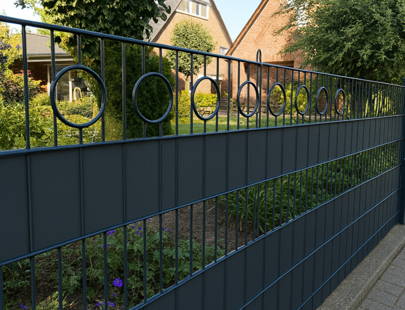 Hier wurde ein Schmuckzaun mit Sichtschutzstreifen als Unkrautschutz ergänzt.