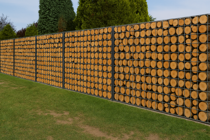 Ein Beispiel, um Gabionen mit Holz zu befüllen: Die Baumscheiben sind nach außen angeordnet.