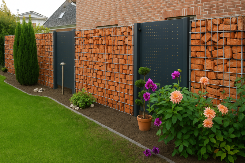 Gabionenzaun, wobei die Körbe mit Klinkersteine befüllt sind.