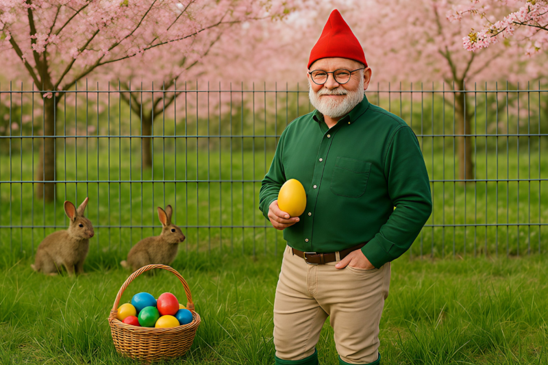 Unser Gartenzwerg Berti hat schon alle Ostereier gefunden und wünscht "Frohe Ostern".