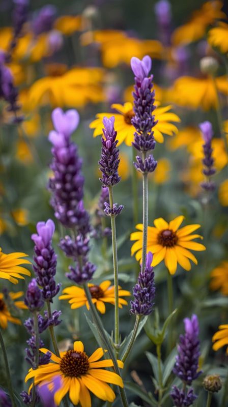 Farben spielen auch bei deinen Gartendeko-Ideen für den Sommer eine Rolle. Lila und Gelb als Komplementärfarben harmonieren gut.